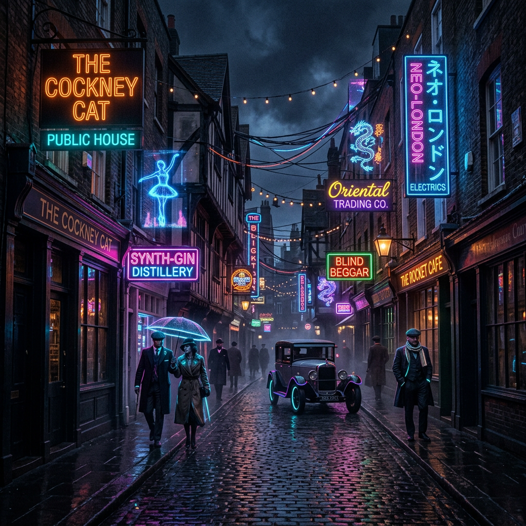 Rainy vintage urban street at night with neon signs, people in coats, and a vintage car