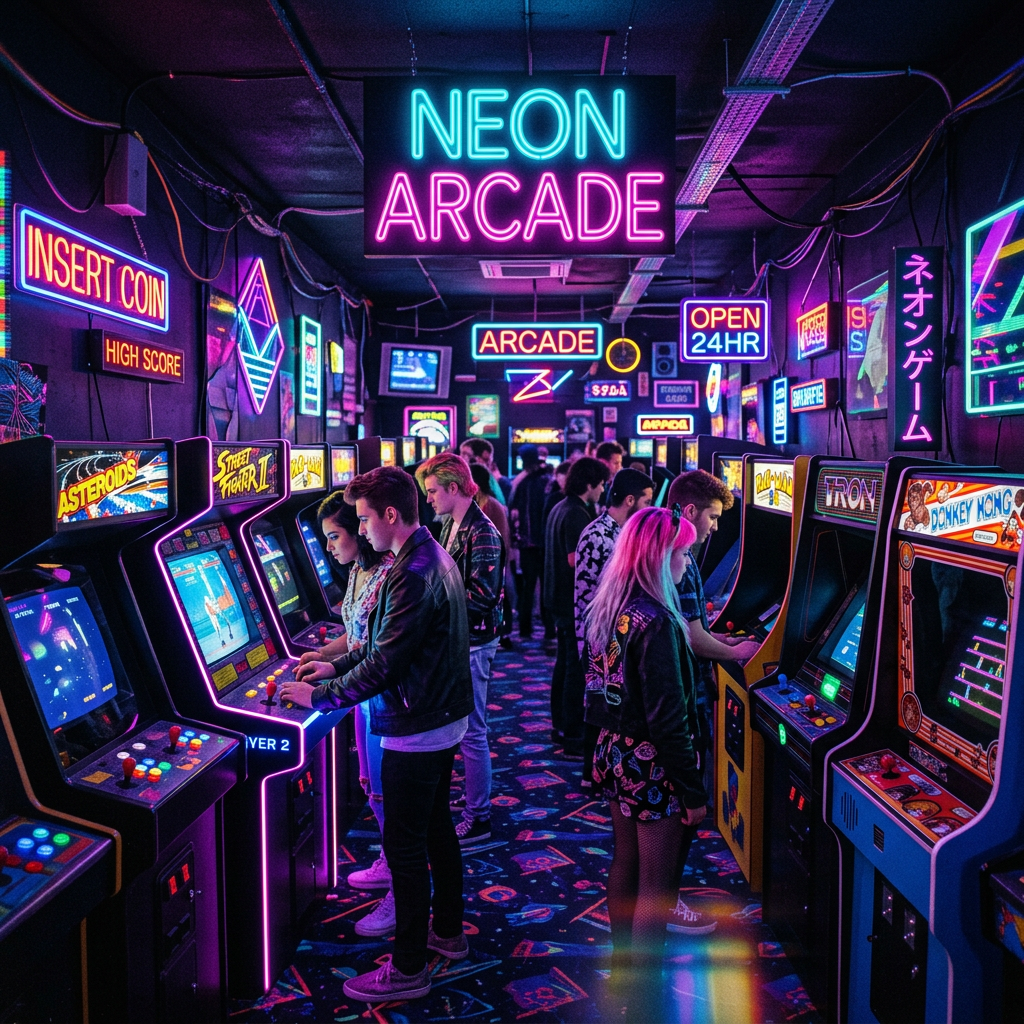 People playing classic arcade games in a neon-lit arcade room