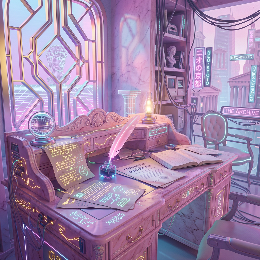 Wooden desk with glowing papers and quill pen in a neon-lit futuristic room overlooking a cyberpunk city