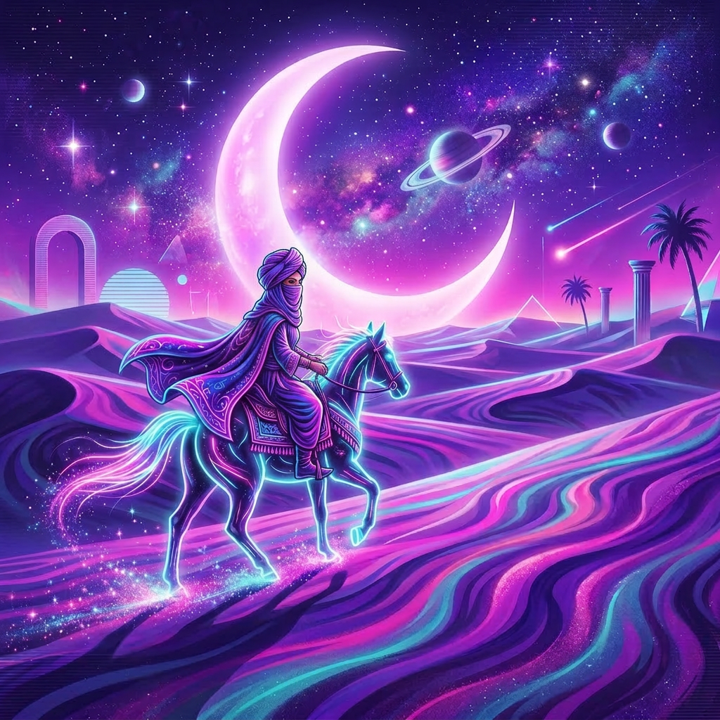 Astronaut riding a glowing horse across a neon-colored desert with a crescent moon, planets, and stars in the sky