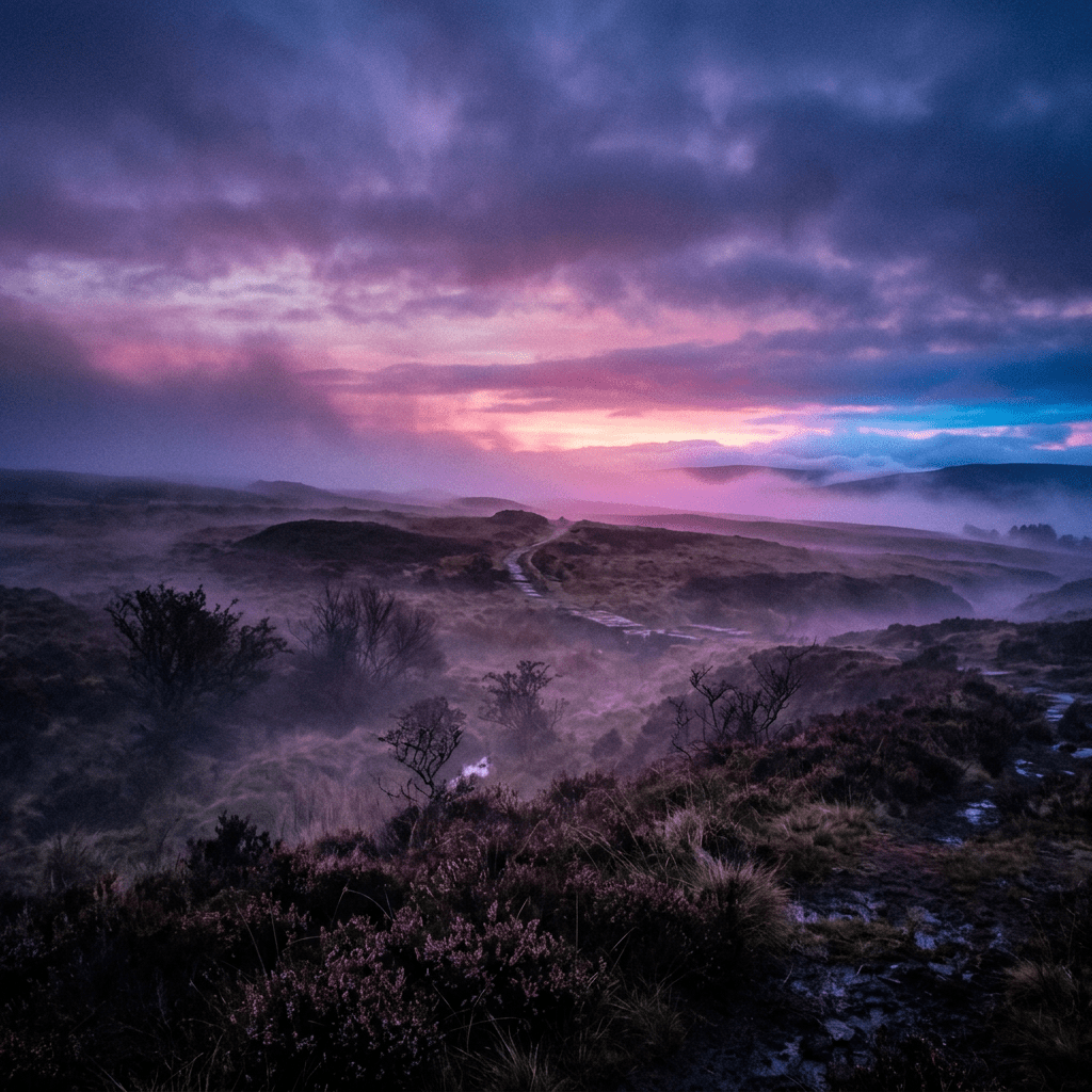 Misty moorland landscape with purple and pink sunrise sky
