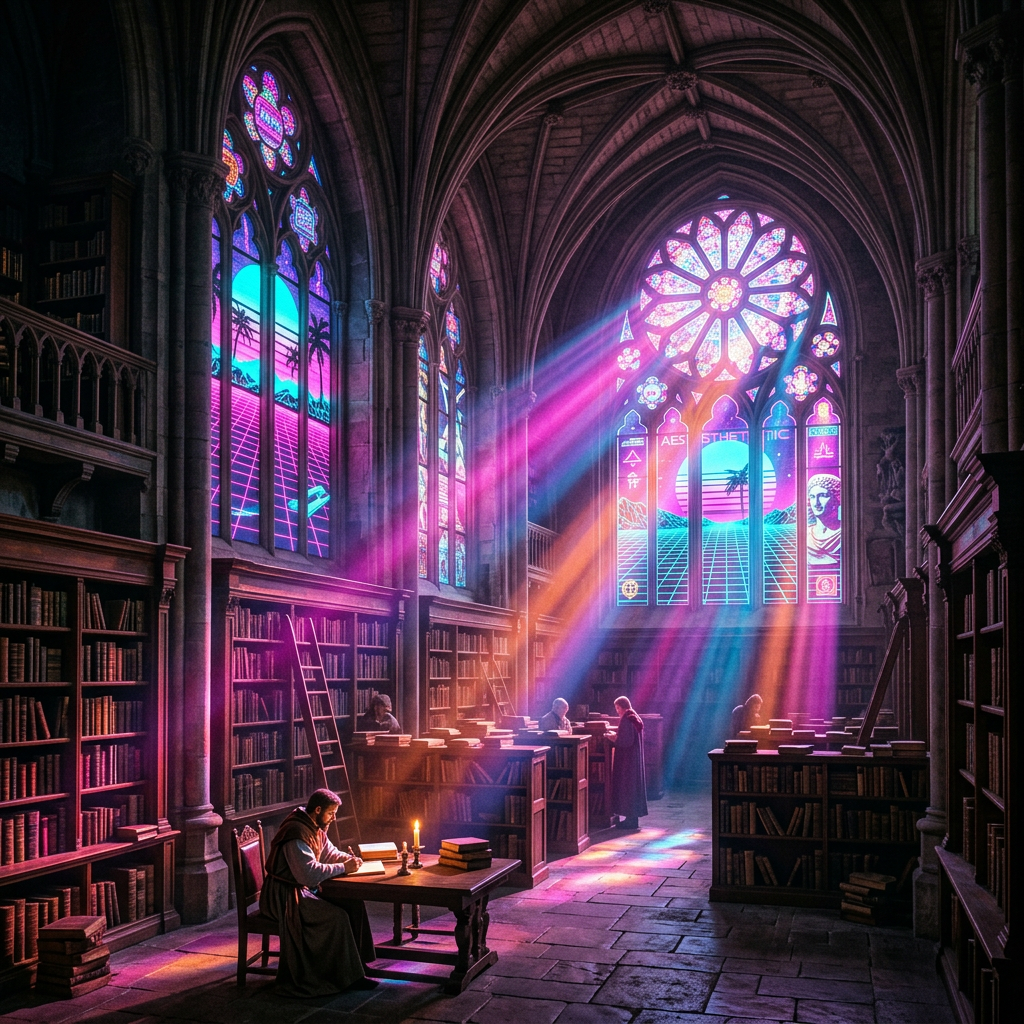 Gothic library interior with monks reading under colorful neon stained glass windows