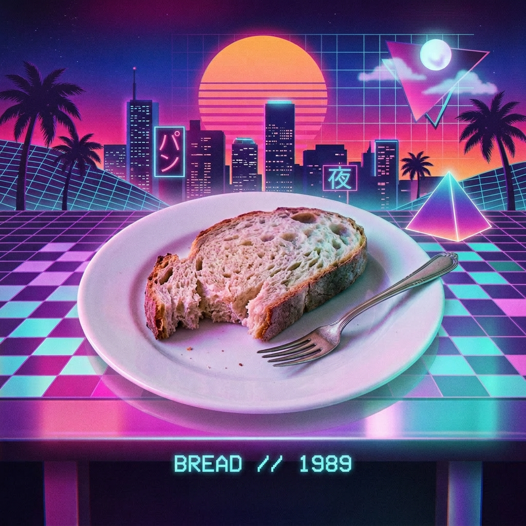 Half-eaten slice of bread on a white plate with a fork, neon retro city background with palm trees and geometric shapes