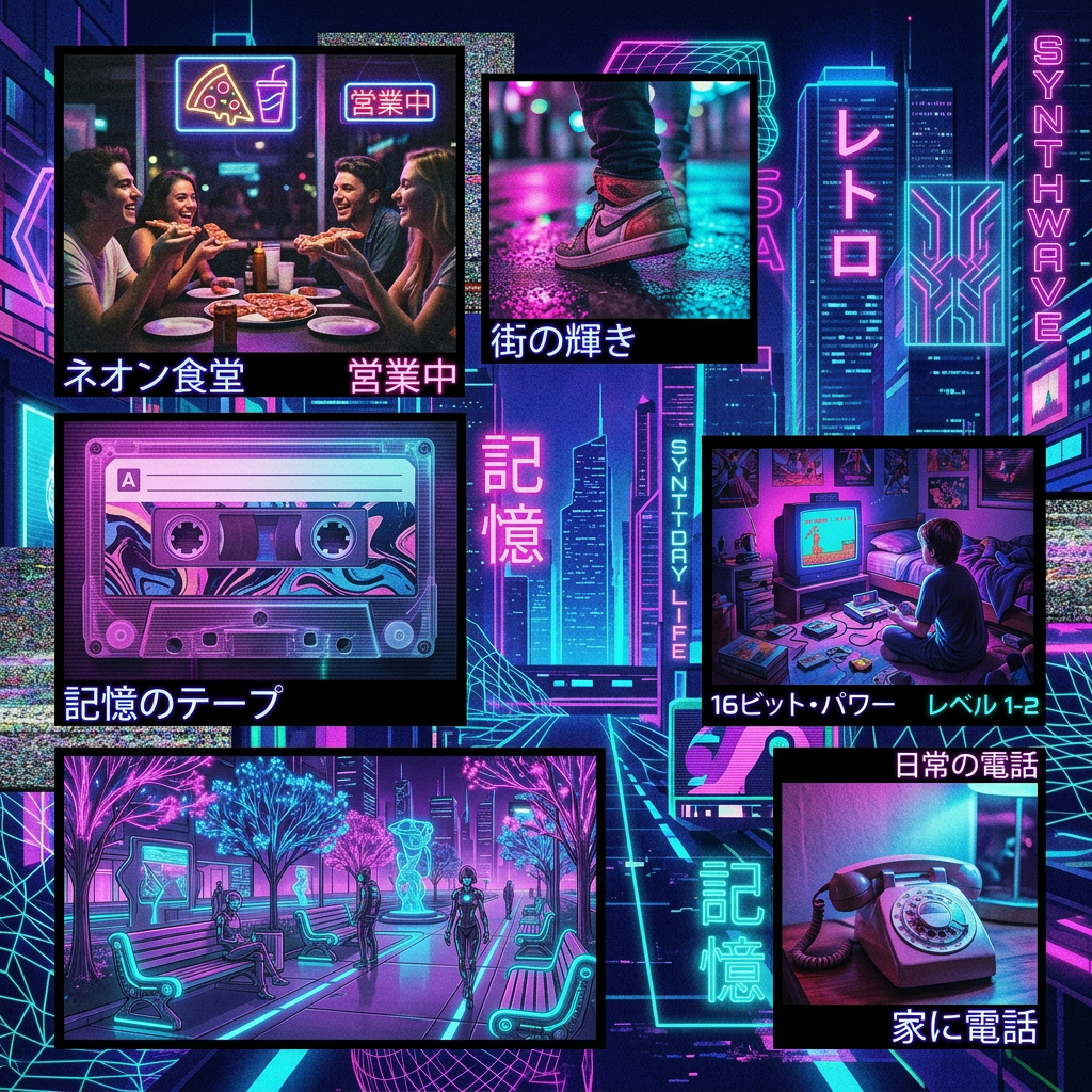 Collage of neon-lit scenes including friends eating pizza, cassette tape, retro gaming, studying at night, sneakers, and rotary phone