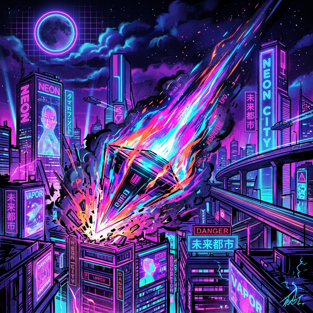 Spacecraft crashing into a neon city with colorful explosions and glowing signs