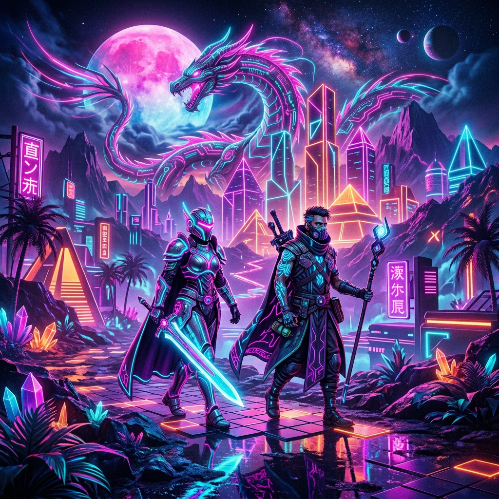 Two futuristic warriors walking in a neon-lit city with glowing sword and staff under a large colorful moon