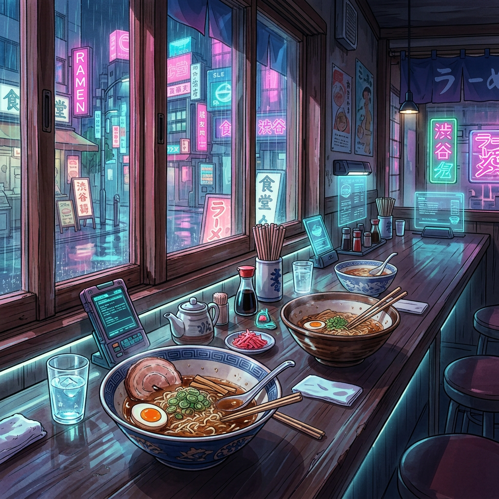 Couple eating ramen in a cozy Japanese ramen shop with street view outside.