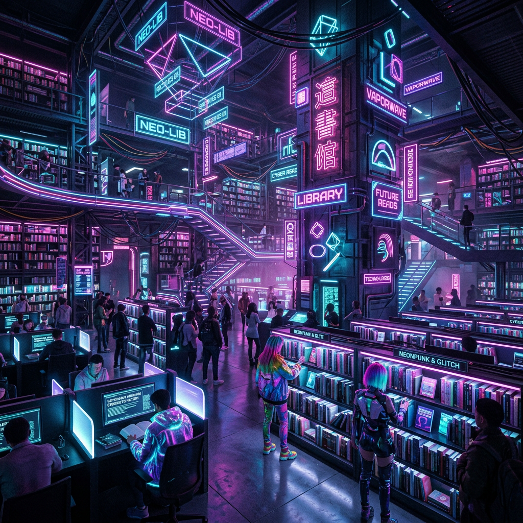 Cyberpunk library interior with neon signs, bookshelves, and people interacting