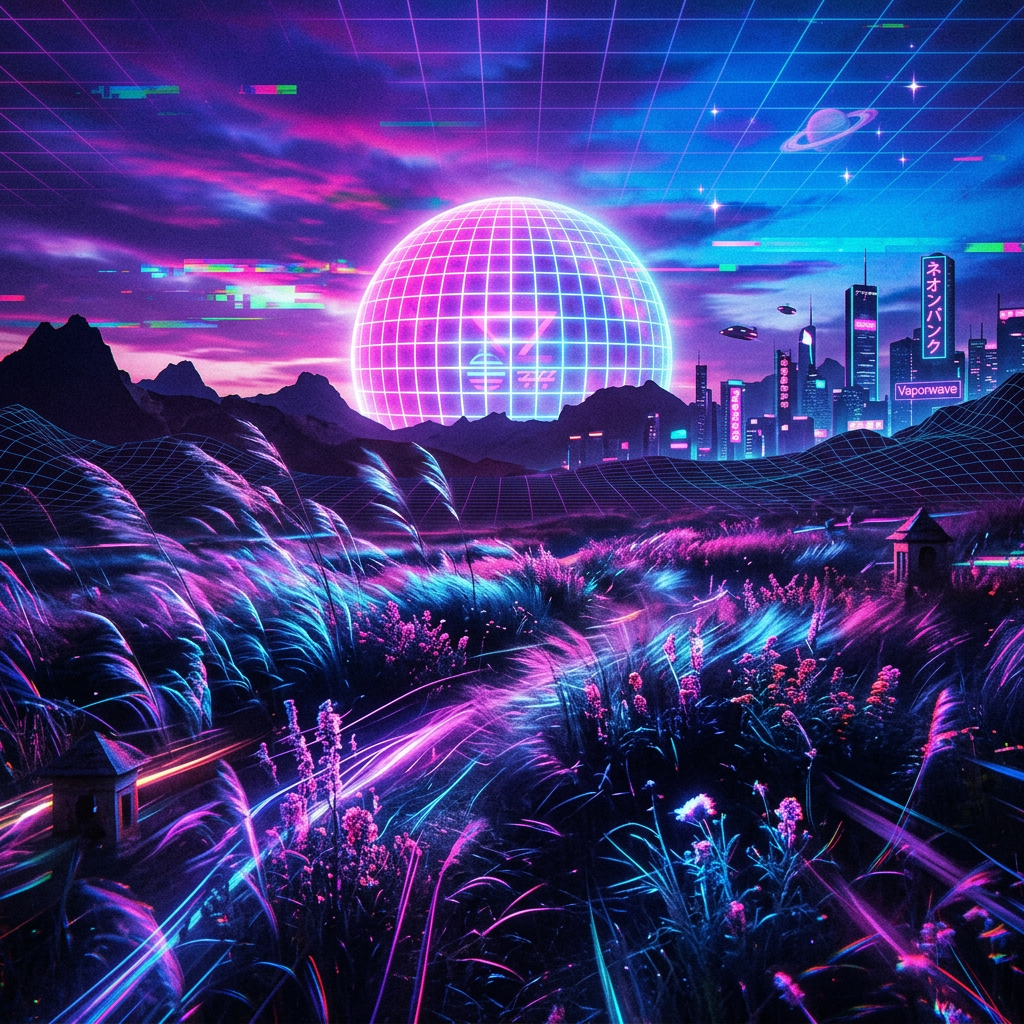Neon vaporwave city with glowing grid sphere, mountains, and futuristic landscape under purple sky