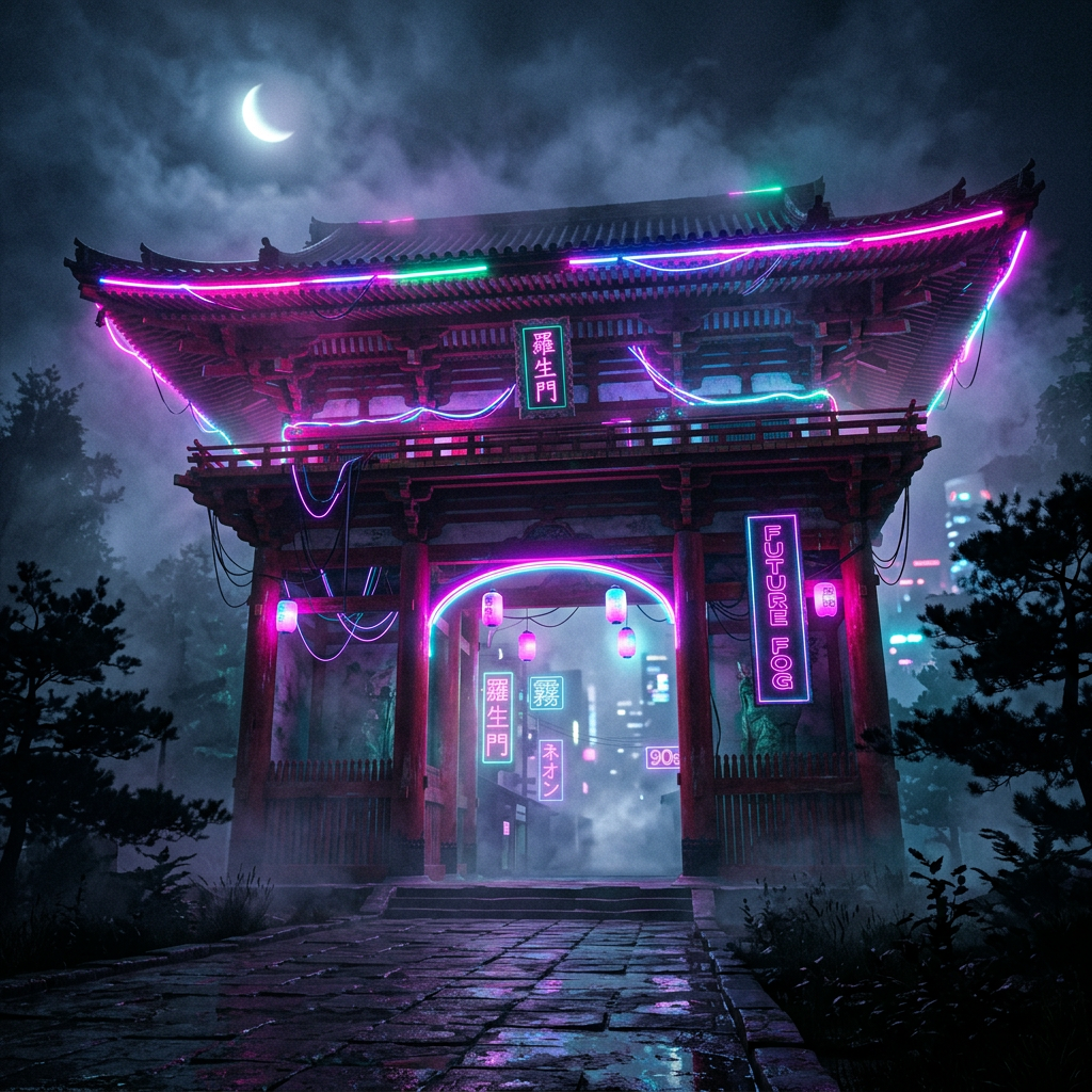 Neon-lit traditional gate with 羅生門 and FUTURE 08 signs