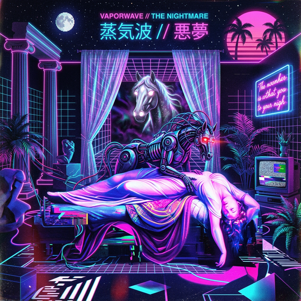 Vaporwave artwork reading “VAPORWAVE // THE NIGHTMARE” and “蒸気波 // 惡夢,” with a sleeping person, robotic horse, neon palms, and moon.