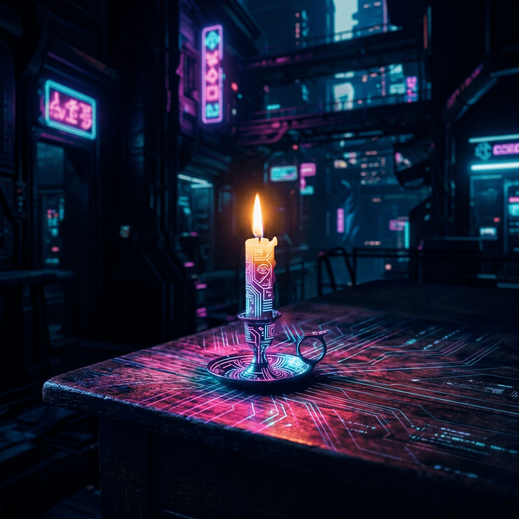 Lit candle in a metal holder on a wooden table