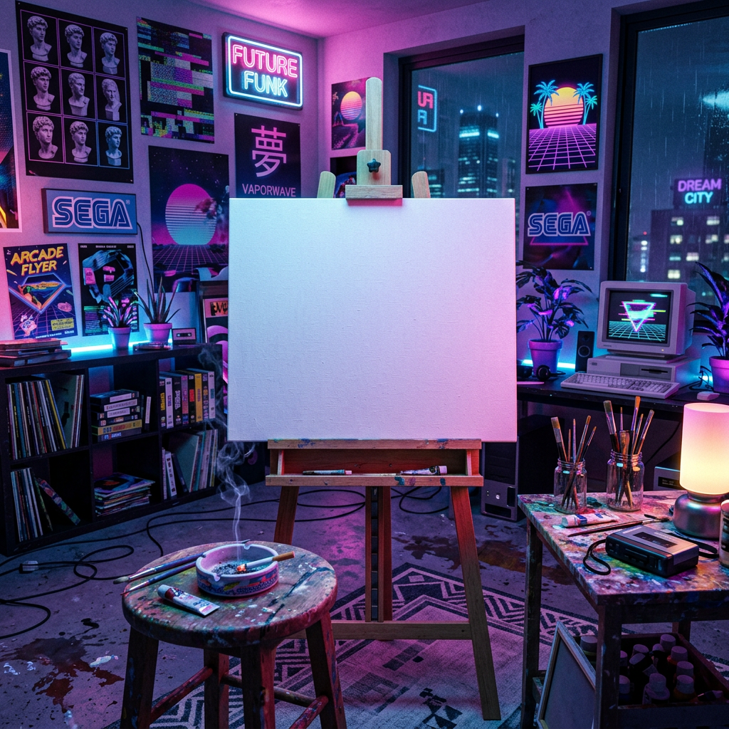 Blank canvas on easel in neon-lit vaporwave art studio