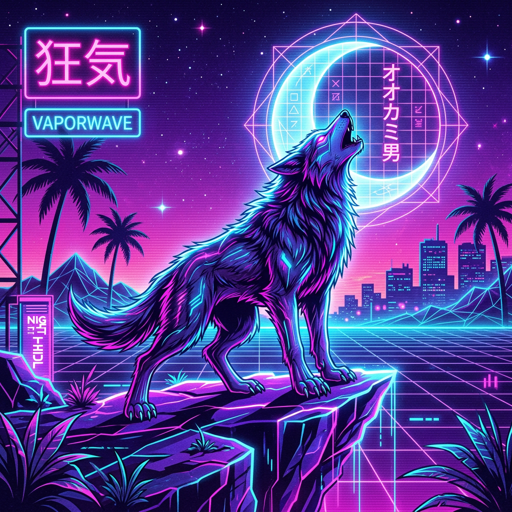 Neon wolf howling beneath a glowing moon, with 狂気 and VAPORWAVE signs