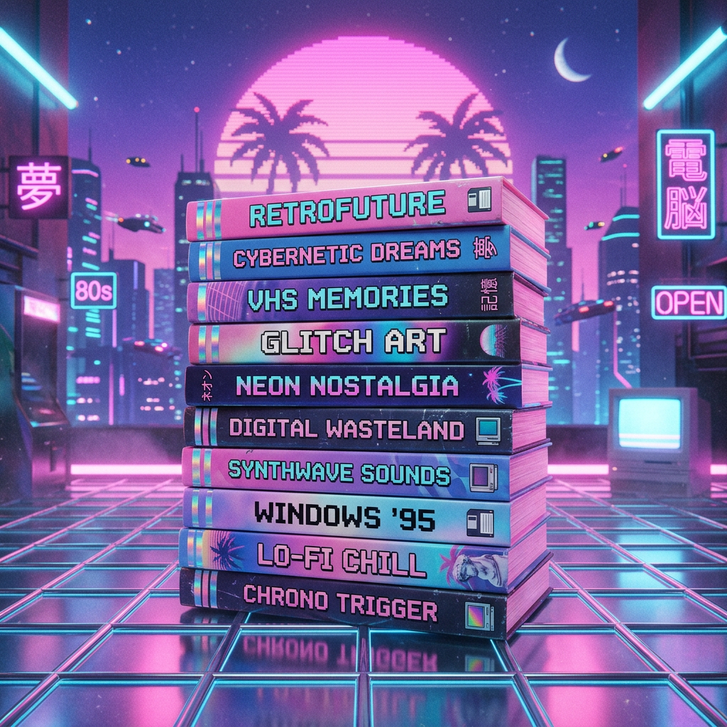 Stack of books labeled Retrofuture, Cybernetic Dreams, VHS Memories, Glitch Art, and more