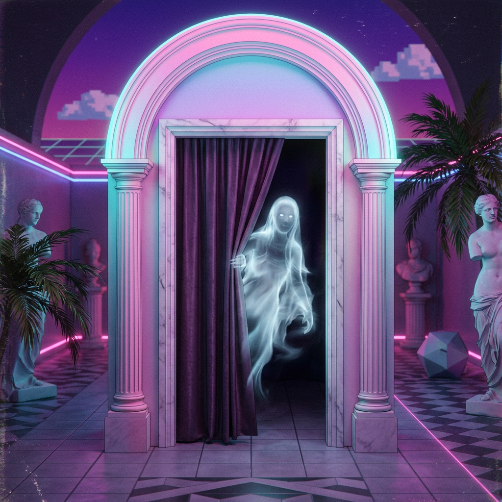 Ghostly figure emerging through curtains beneath a neon-lit marble arch